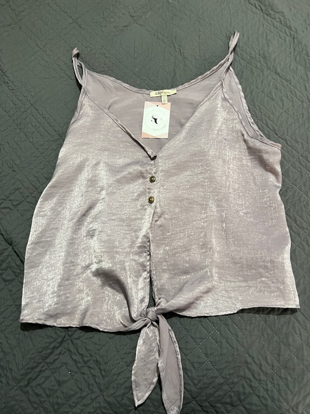Metallic Lavender Tie-Front Satin Camisole Top Size Large